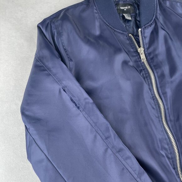 Forever 21 Jacket Mens L Navy Bomber Quilted Lined Zip Front Ribbed Hem Fall - Picture 5 of 11